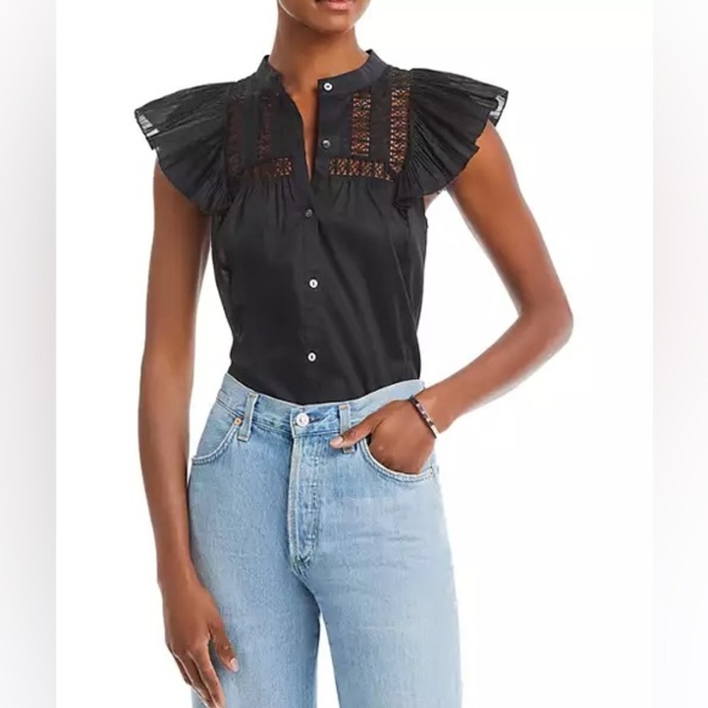 RAILS Blouse Louella Flutter Sleeve Lace Inset Crochet Top black button …